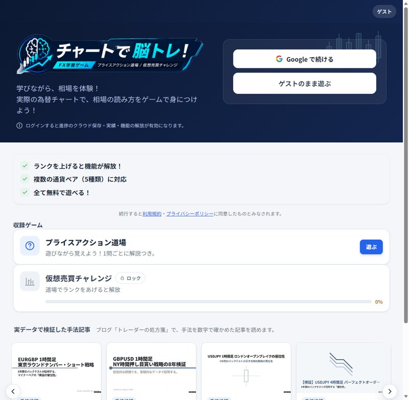 チャートで脳トレ！のトップ画面。プライスアクション道場と仮想売買チャレンジの2つのゲームを収録